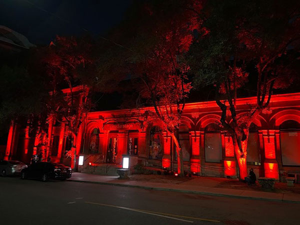 A theatre lit up in red